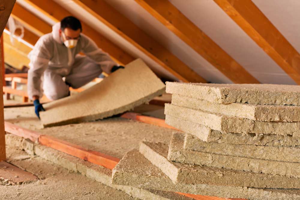 roofer installing thermal insulation layer under the roof roofer installing thermal insulation layer under the roof